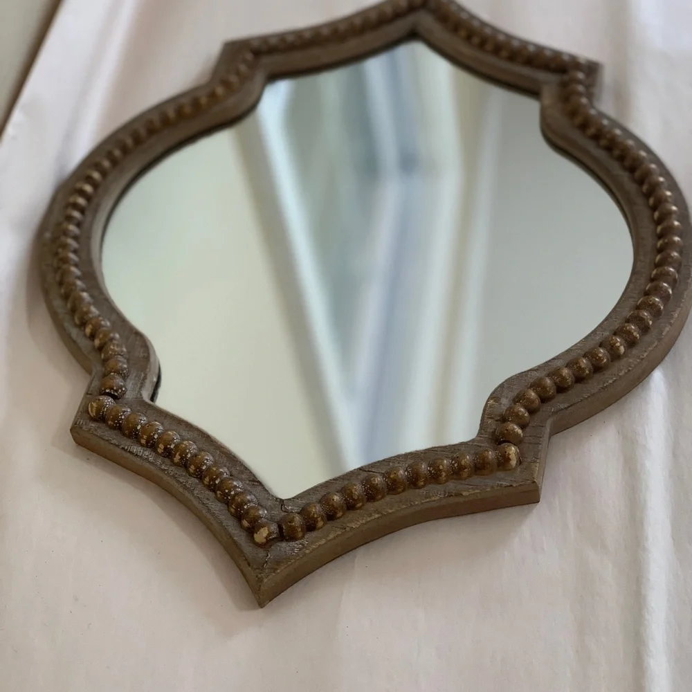At Home Moroccan Quatrefoil Wall Mirror 16”Accent Distressed Wood beaded Rustic